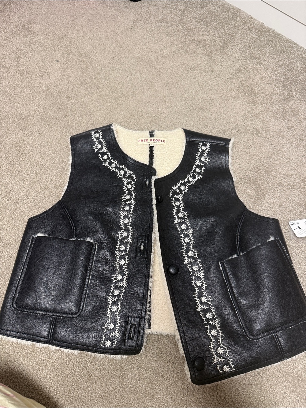 Free People Black Faux-Leather Vest with Cream Embroidered Trim